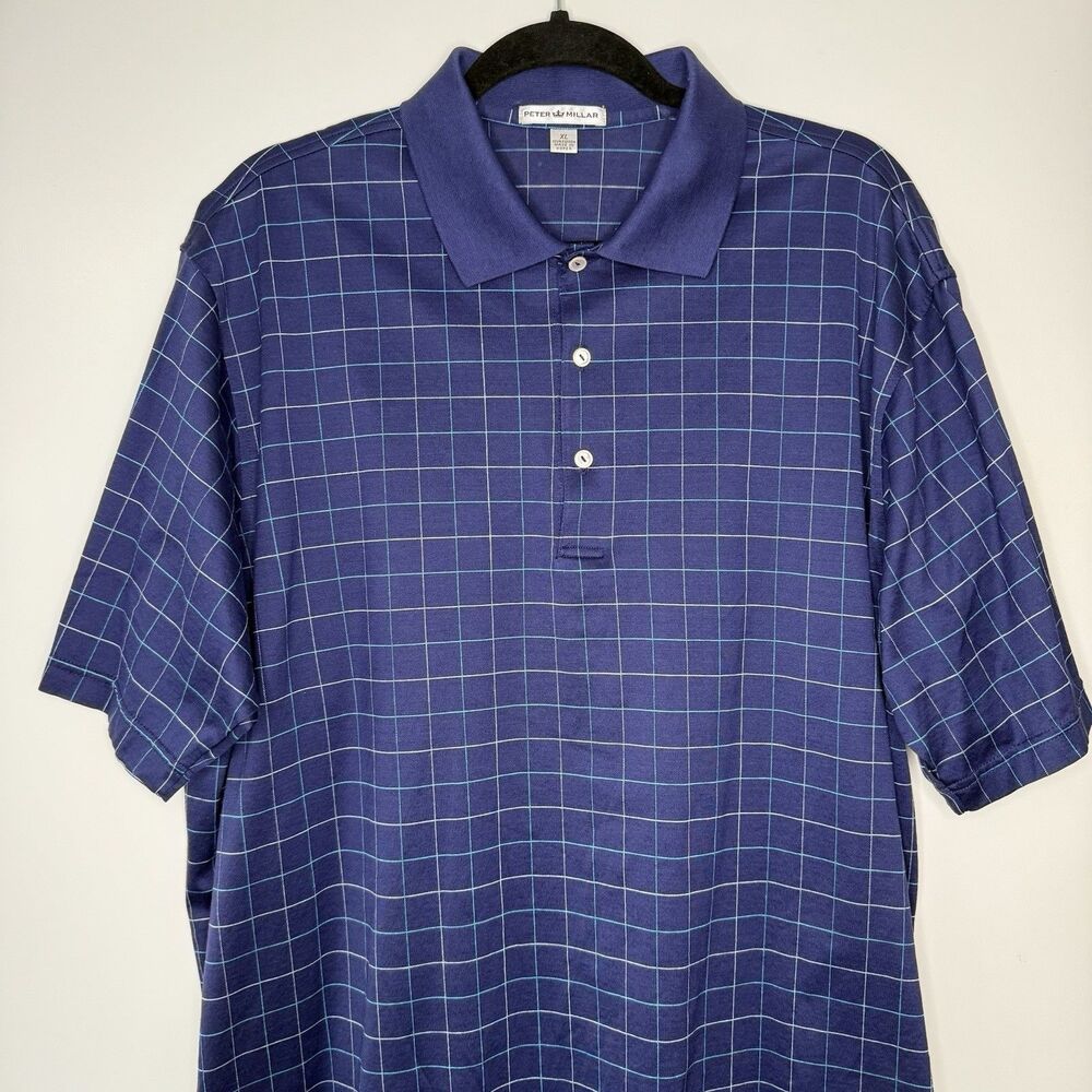 PETER MILLAR Golf Polo Shirt XL Blue Check Short Sleeve 100% Cotton